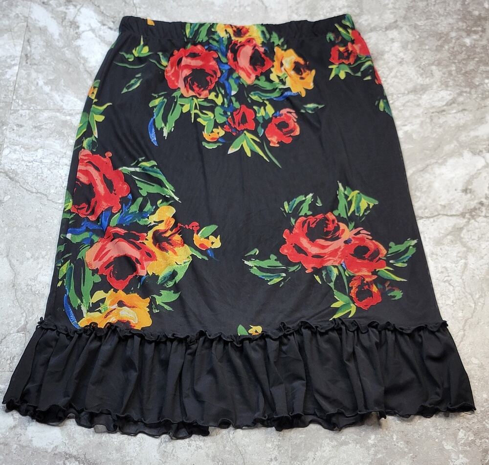 Dark Romantic Women Sz 2X Midi Skirt Black Ruffle Knit Colorful Floral Tropical